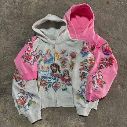 Jesus Print Long Sleeve Zipper Hoodies